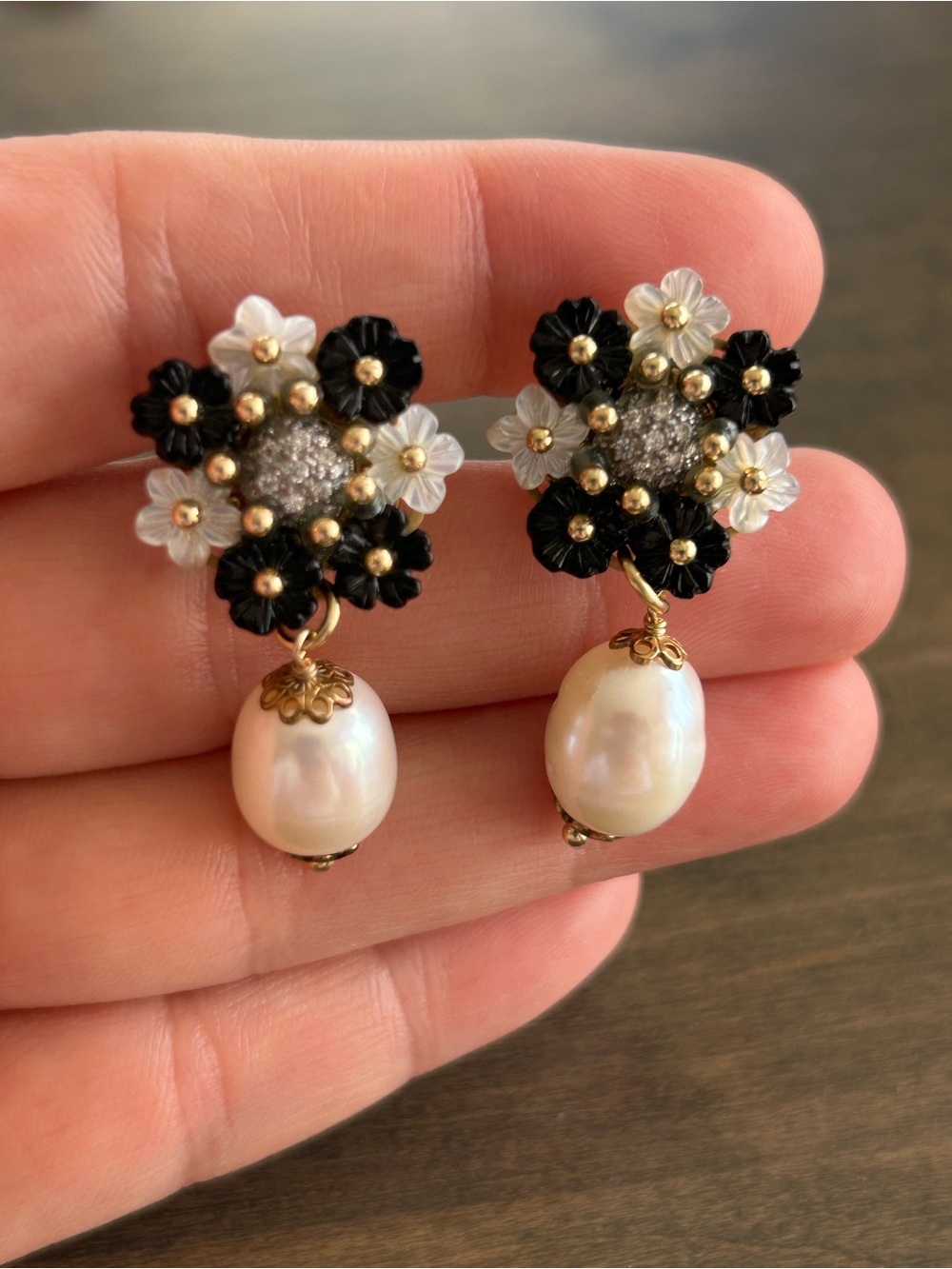 Ross-Simon’s Black & White Floral Pearl Drop Earrings with Diamonds